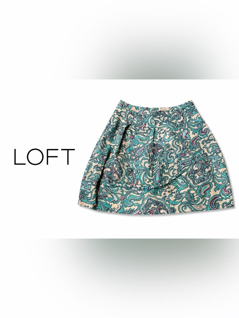 LOFT Paisley A-Line Skirt Size 2 Blue Teal Pink Print Career Chic